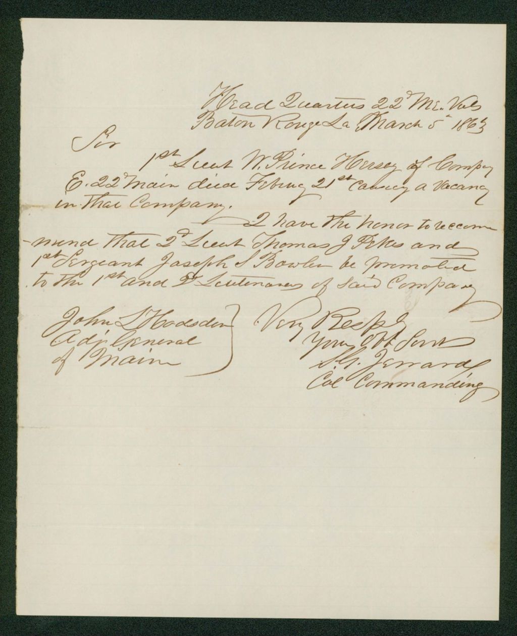 Miniature of Colonel Jerrard recommends Thomas Pike for promotion due to the death of Lieutenant W. Prince Hersey of Company E