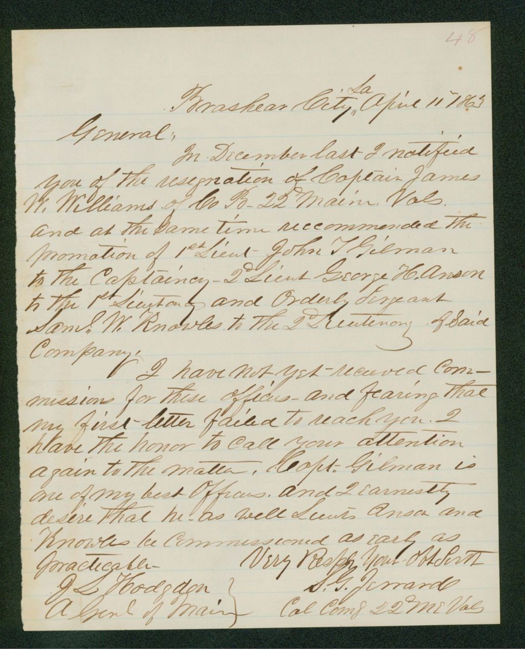 Miniature of Colonel Jerrard again requests commissions for Lieutenant John Gilman, George H. Anson, and Samuel W. Knowles
