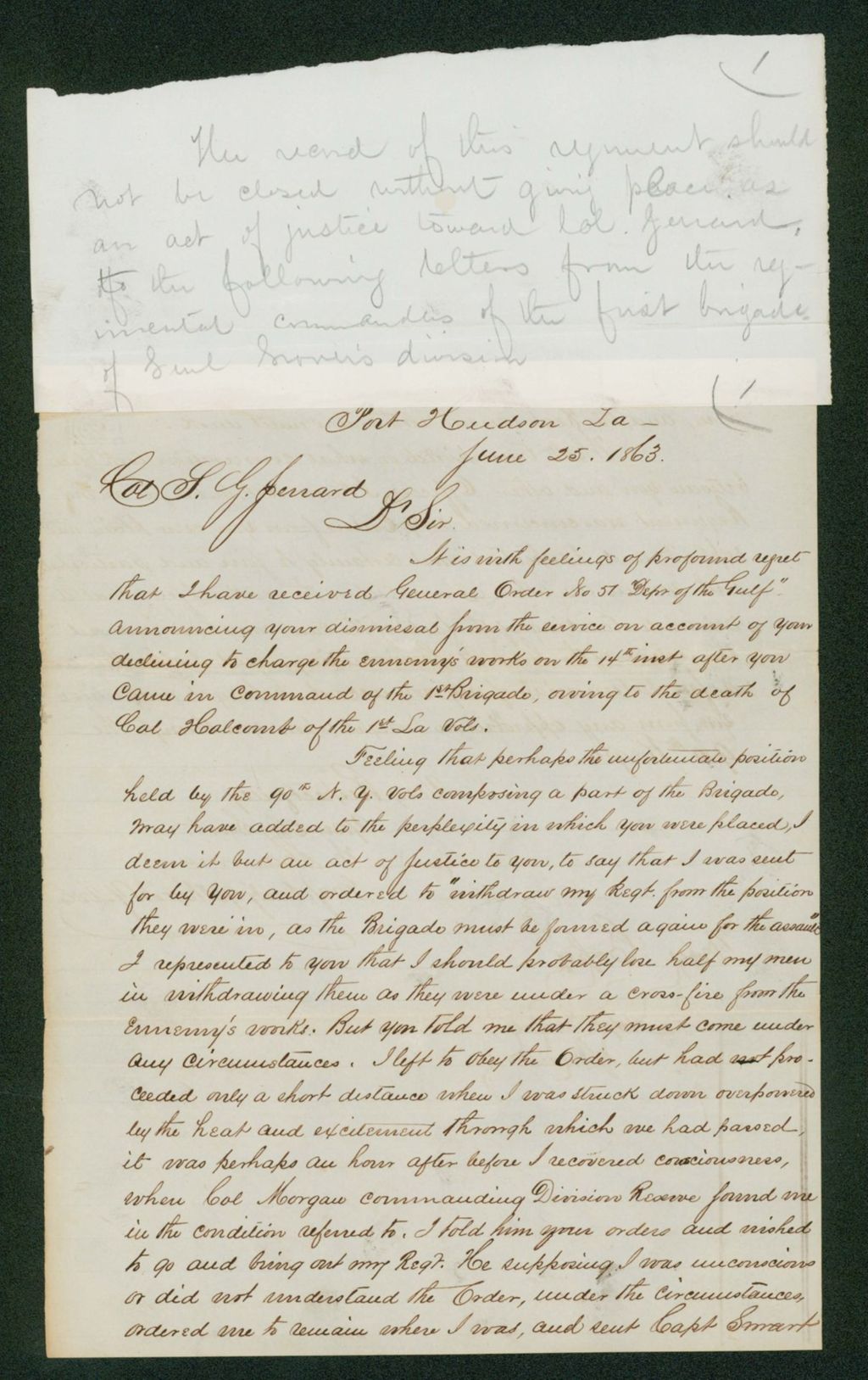 Miniature of Major W. Shawman of the 90th New York Regiment writes Colonel Jerrard regarding Jerrard's dismissal from service