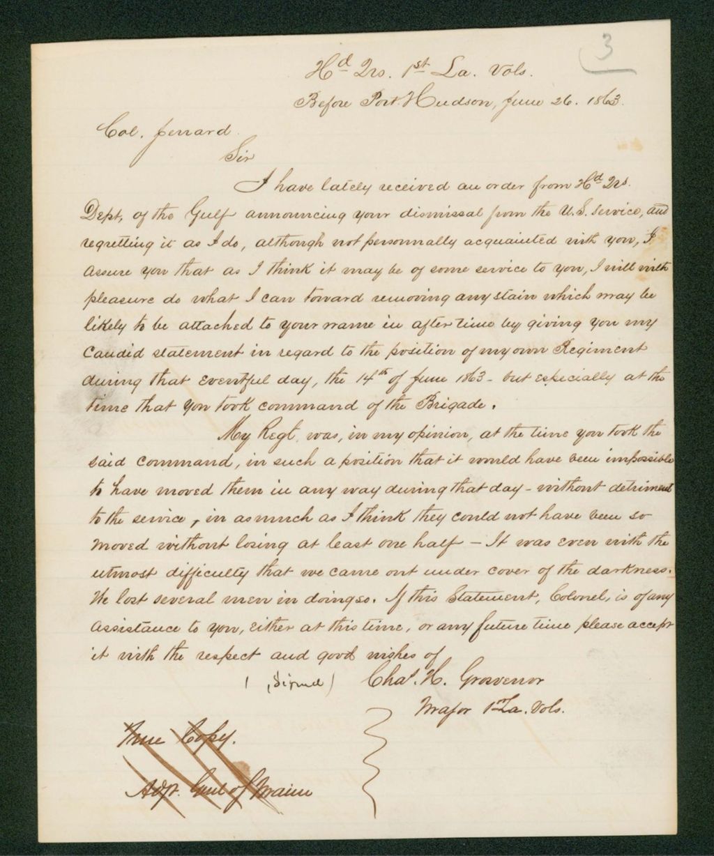 Miniature of Major Charles H. Grosvenor, 1st Louisiana Volunteers, writes Colonel Jerrard about his dismissal from service
