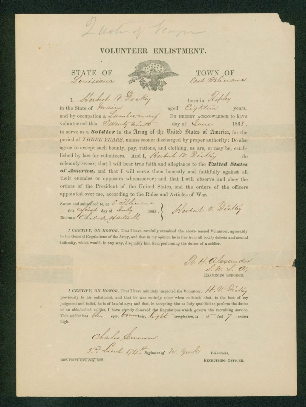 Miniature of Enlistment of Herbert Dickey of East Feliciana, Louisiana