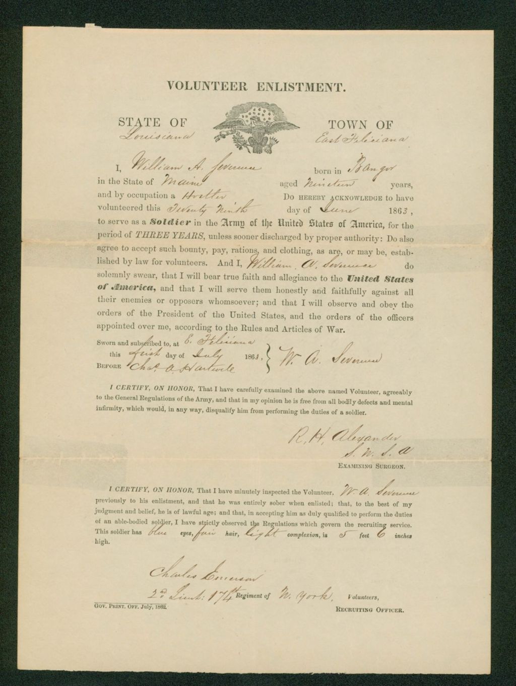 Miniature of Enlistment of William A. Severance