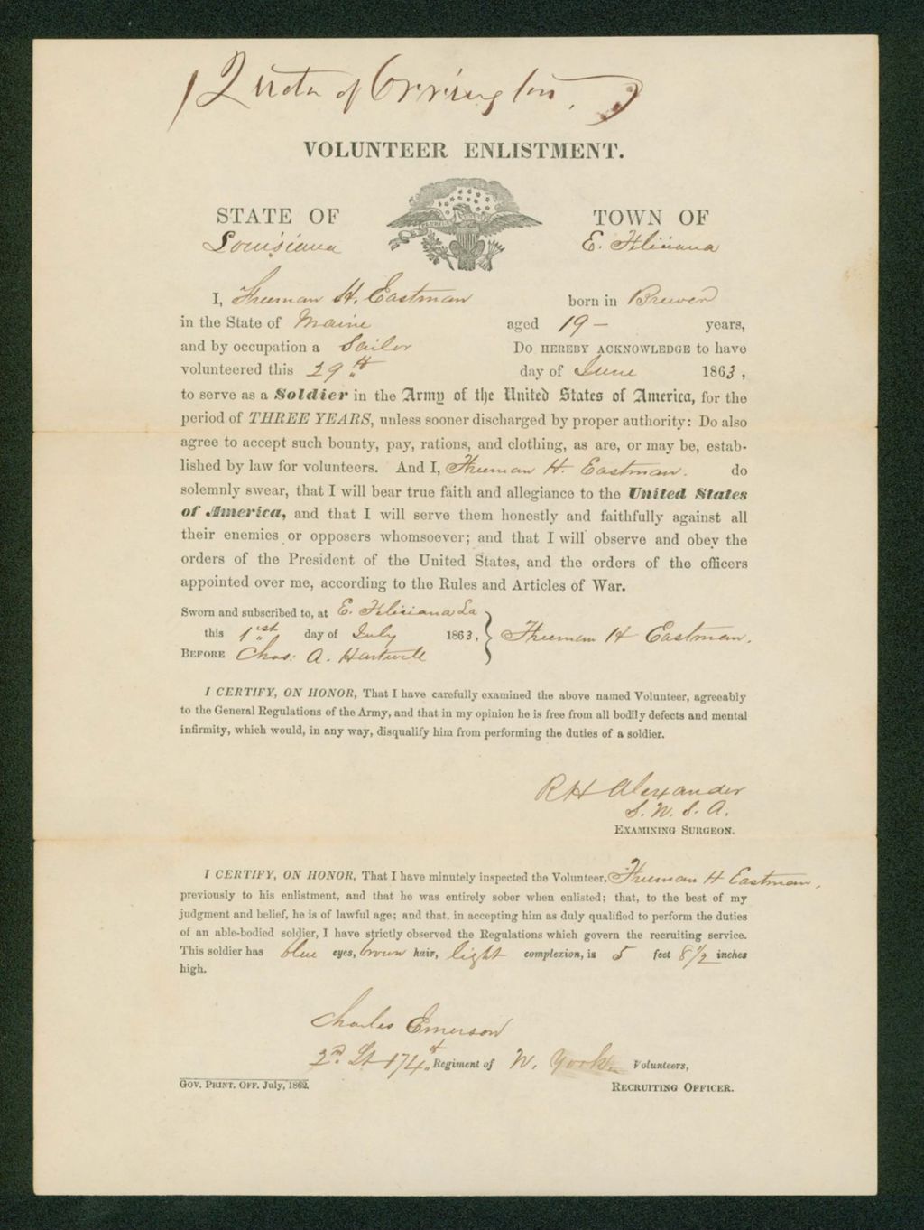 Miniature of Enlistment of Freeman H. Eastman