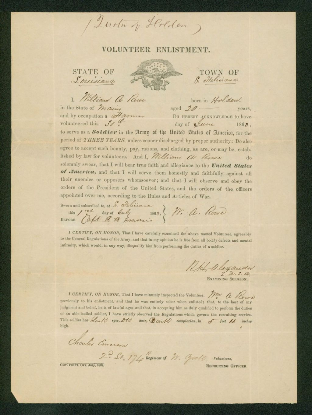Miniature of Enlistment of William A. Rowe