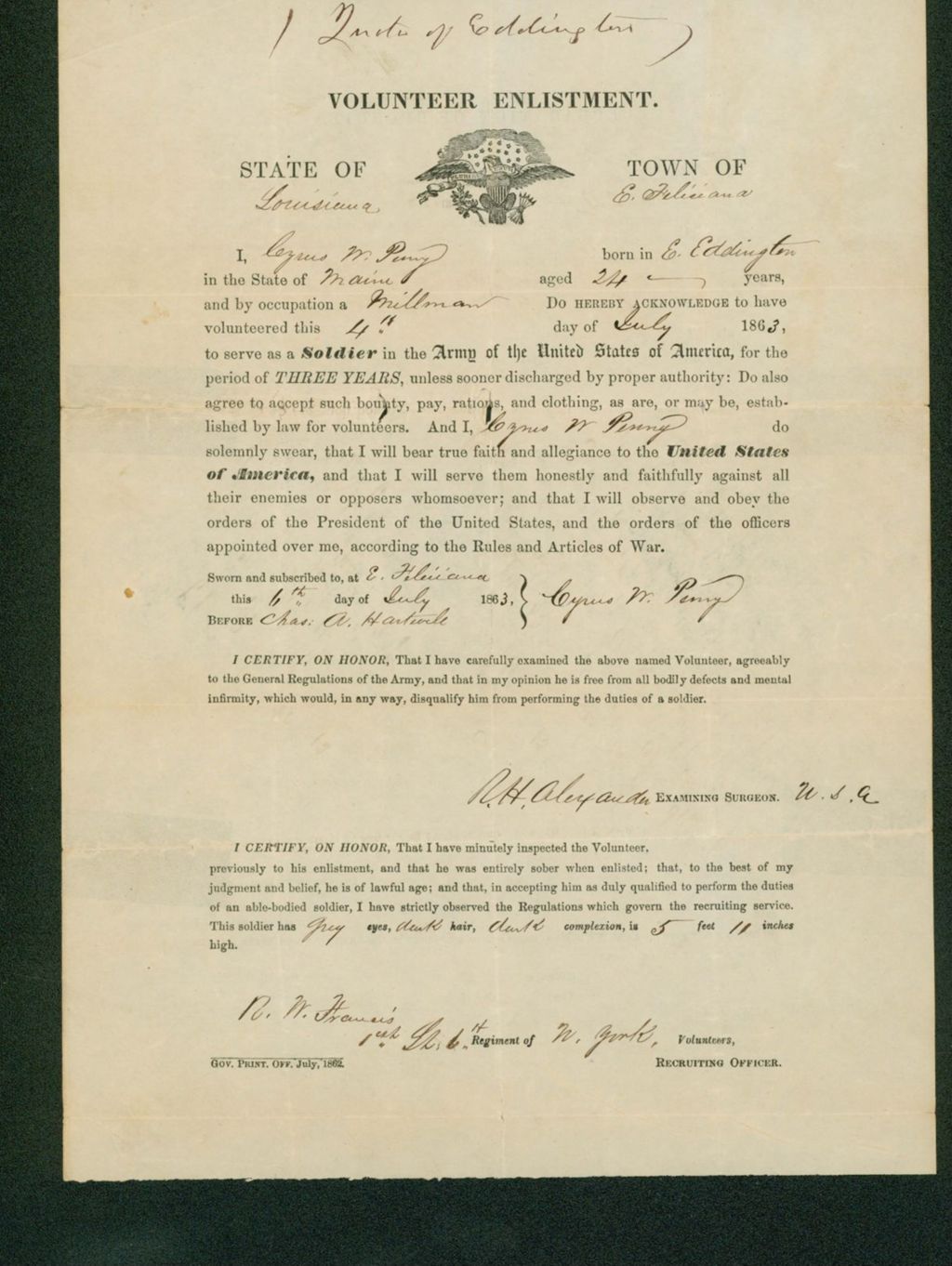 Miniature of Enlistment of Cyrus W. Penny