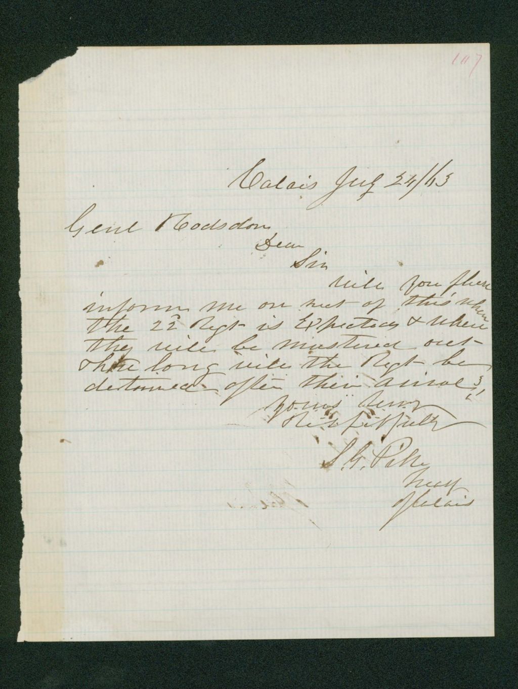 Miniature of S.G. Pike inquires when the regiment will be mustered out