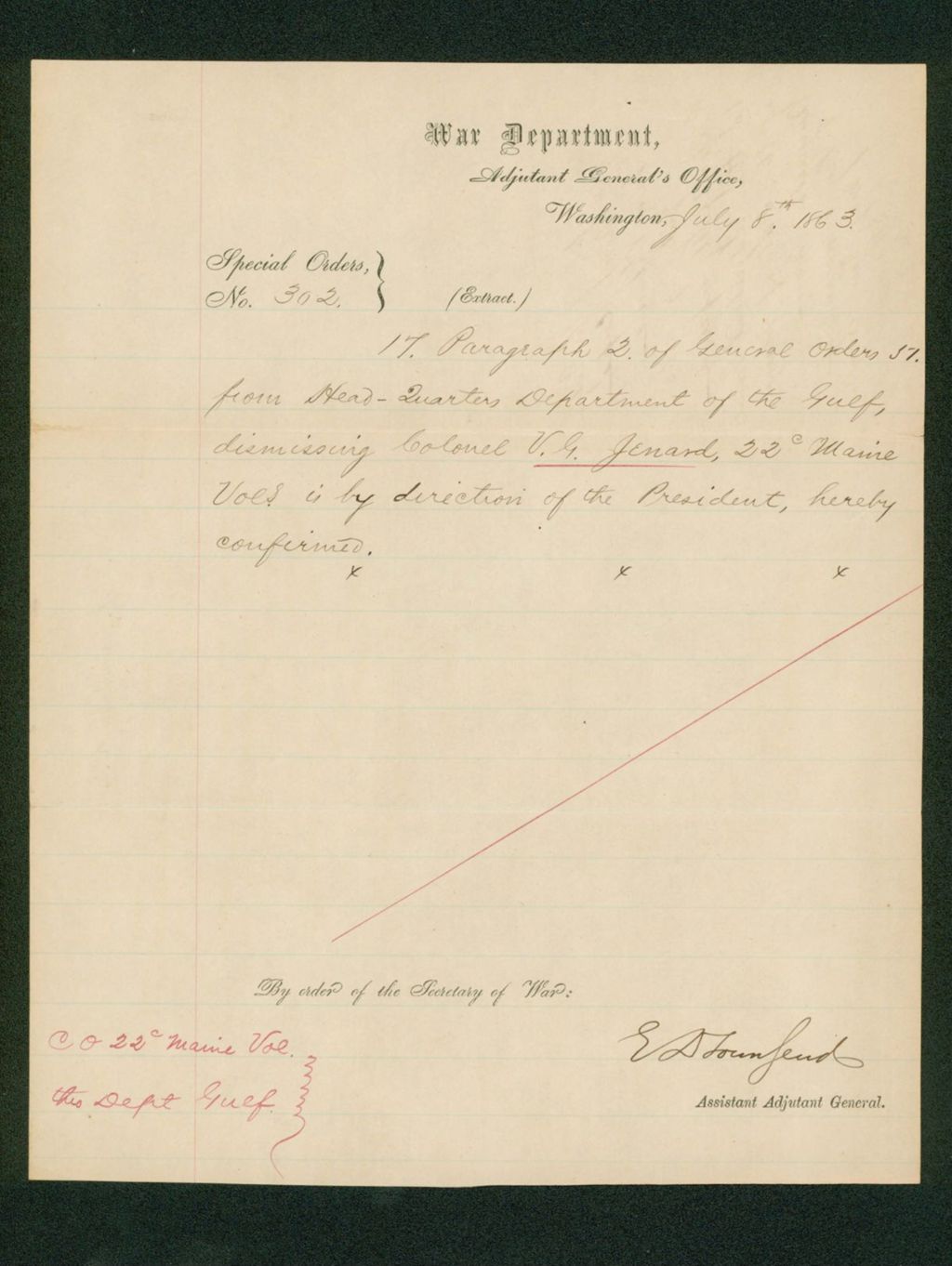 Miniature of Special Order 302  confirming dismissal of Colonel Jerrard