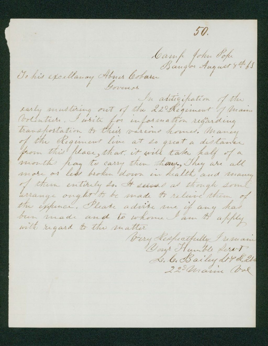 Miniature of L. Bailey writes Governor Coburn about transportation home for the regiment