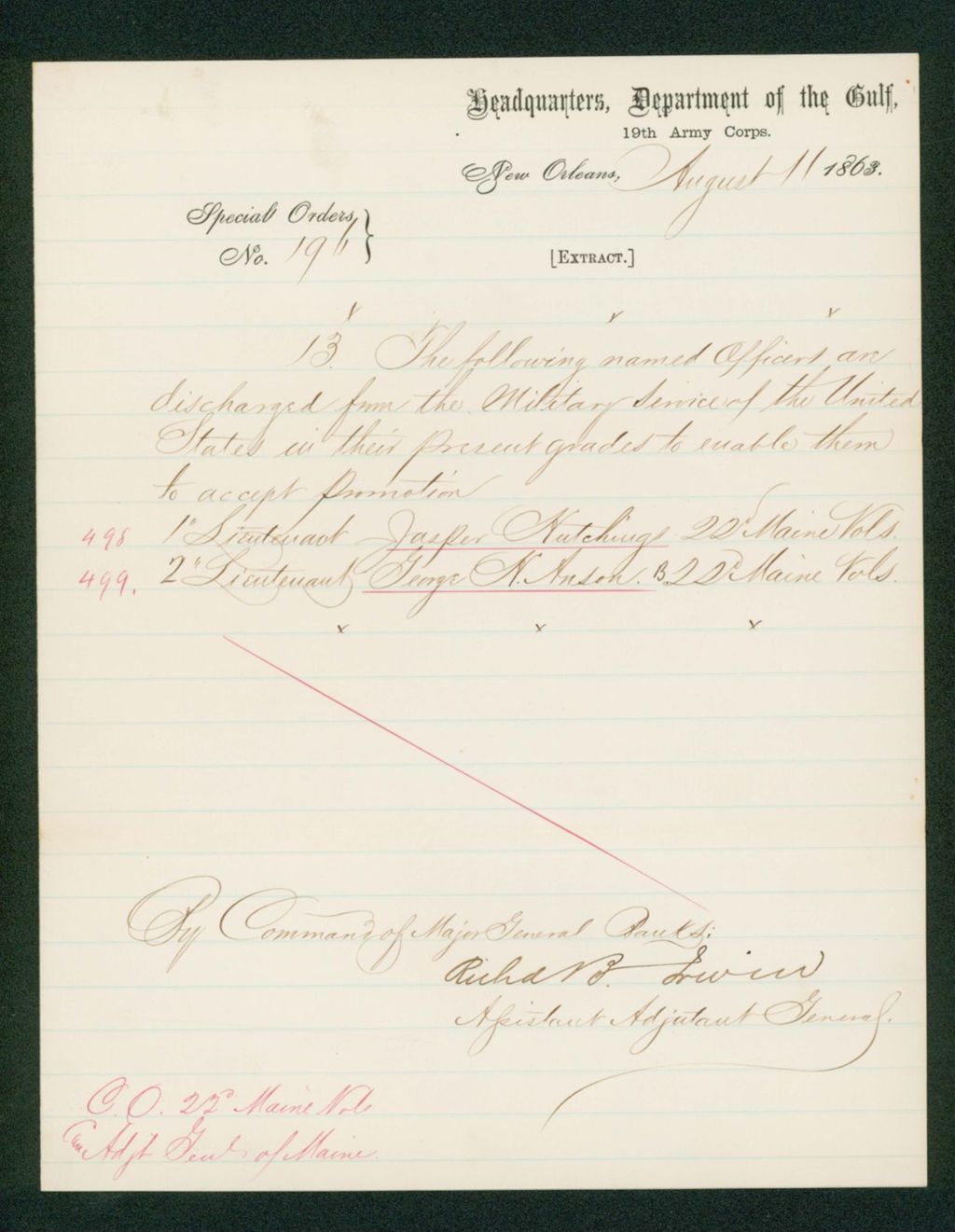 Miniature of Special Order 196 dismissing Lieutenants Jasper Hutchings and George Anson to enable them to accept promotions
