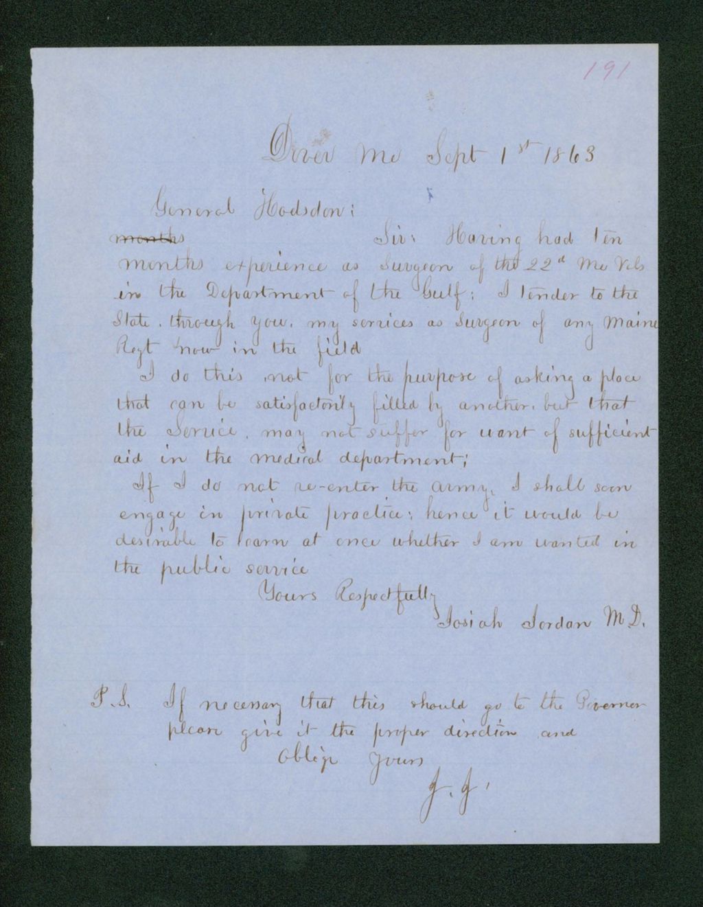 Miniature of Dr. Josiah Jordan inquires if his services as surgeon are still needed