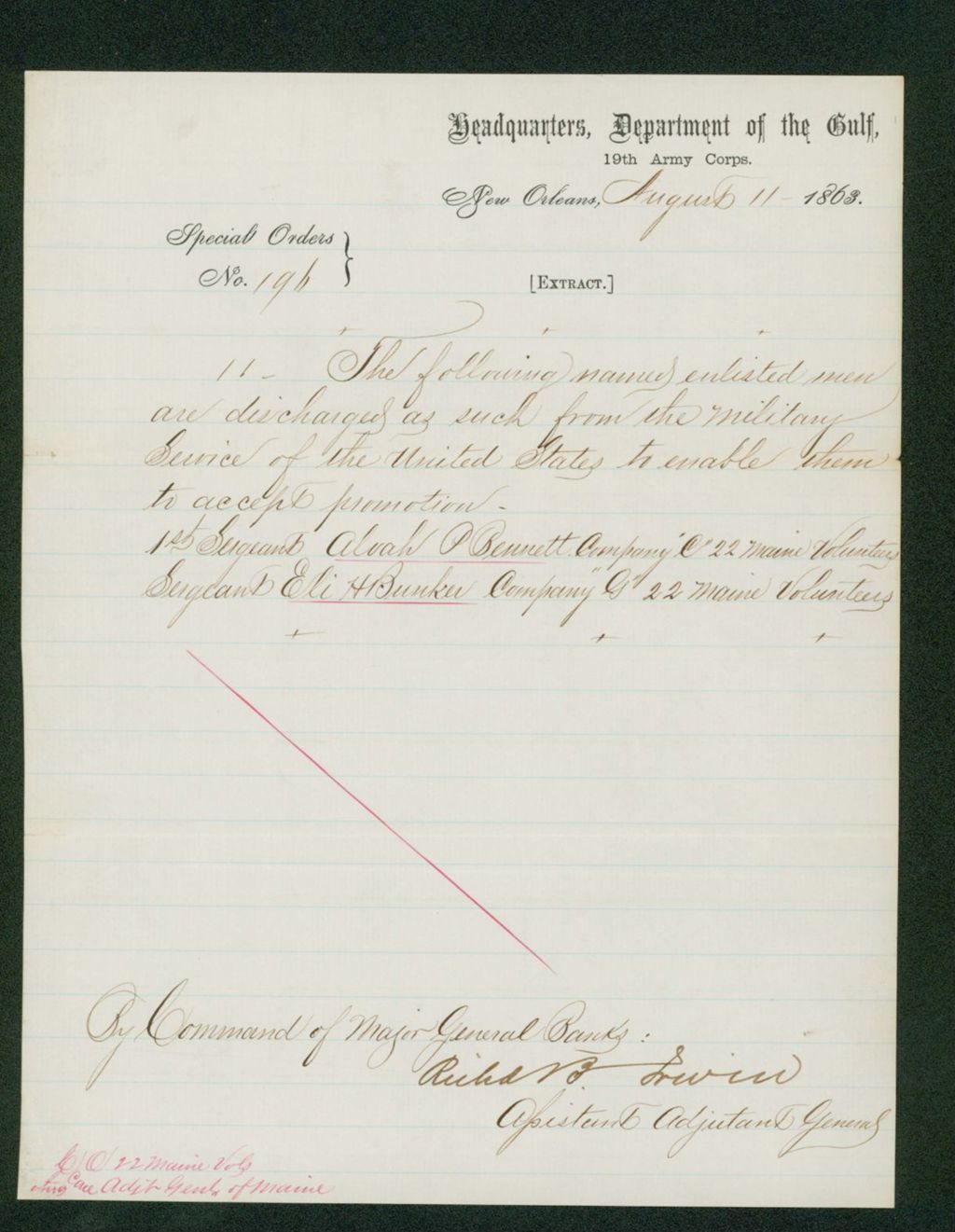 Miniature of Special Order 196 discharging Sergeants Alvah P. Bennett and Eli H. Bunker for promotion