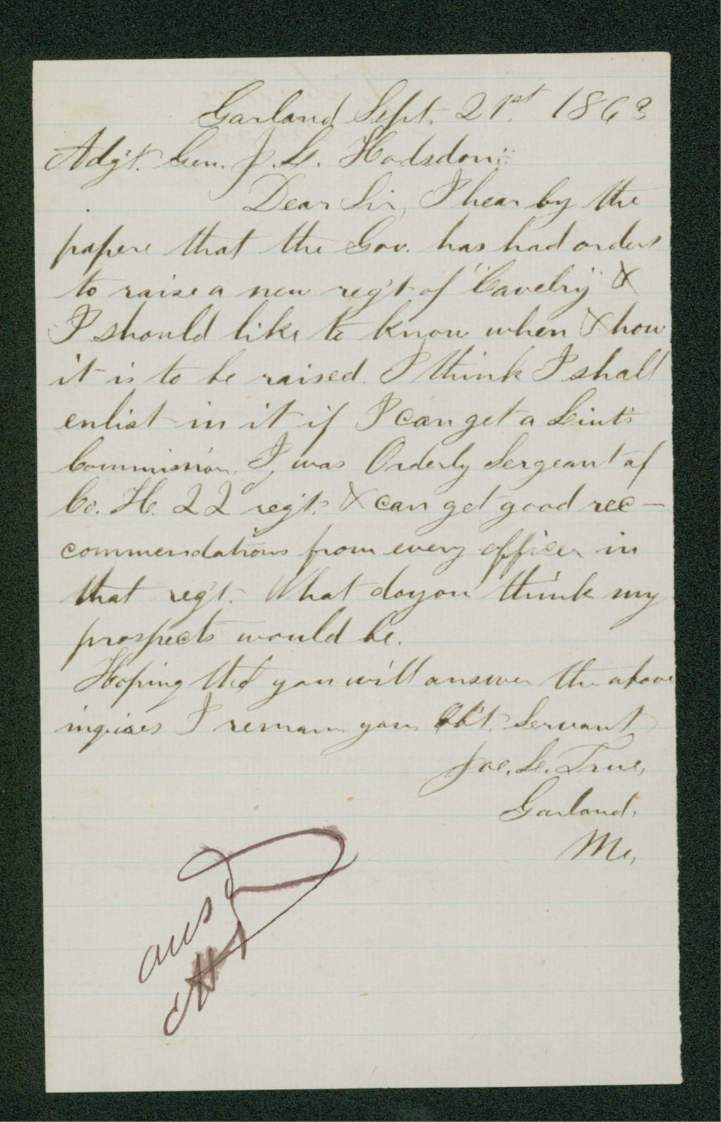 Miniature of J. L. True inquires about re-enlisting in a new cavalry regiment