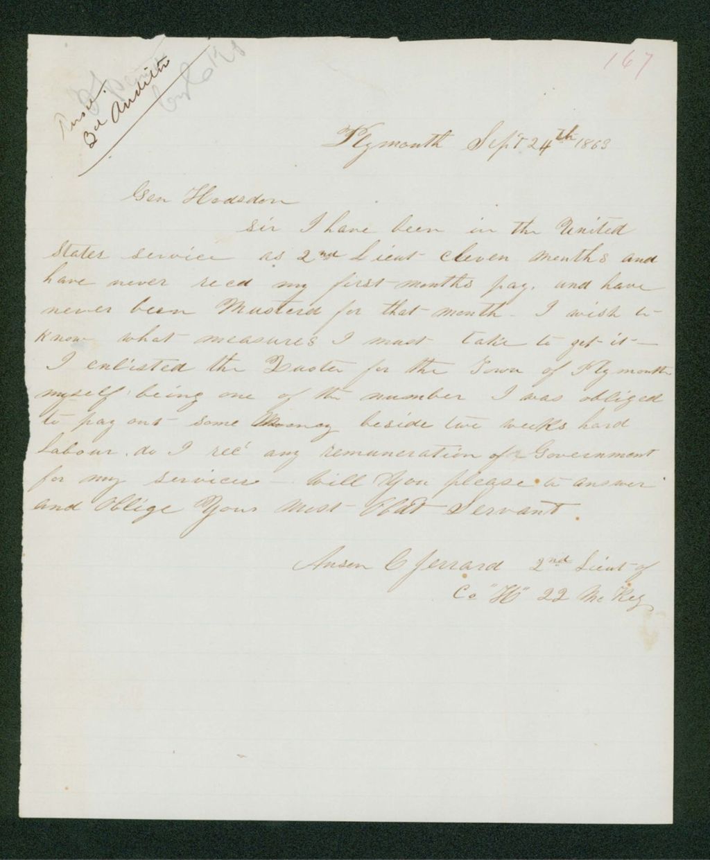 Miniature of Lieutenant Anson C. Jerrard inquires about receiving his first months pay