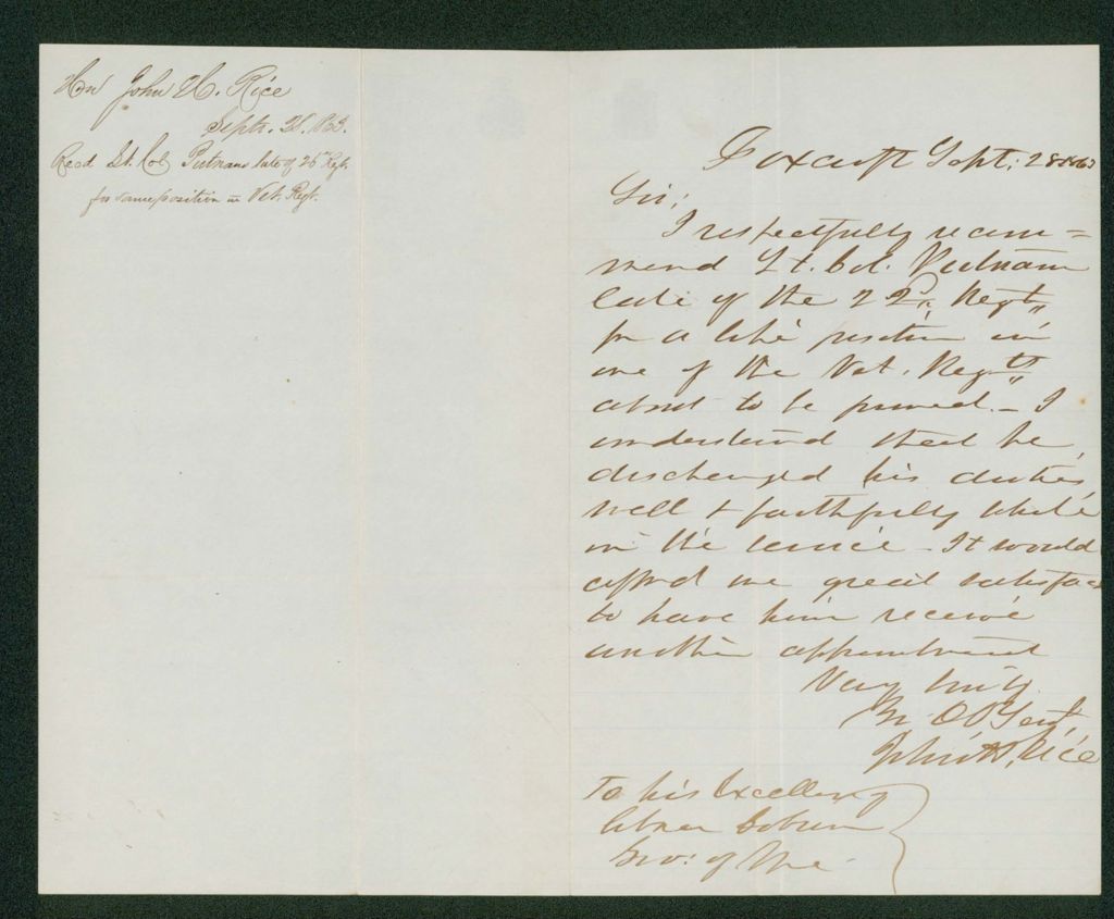 Miniature of John Rice recommends Lieutenant Colonel Putnam for a position in a veteran regiment