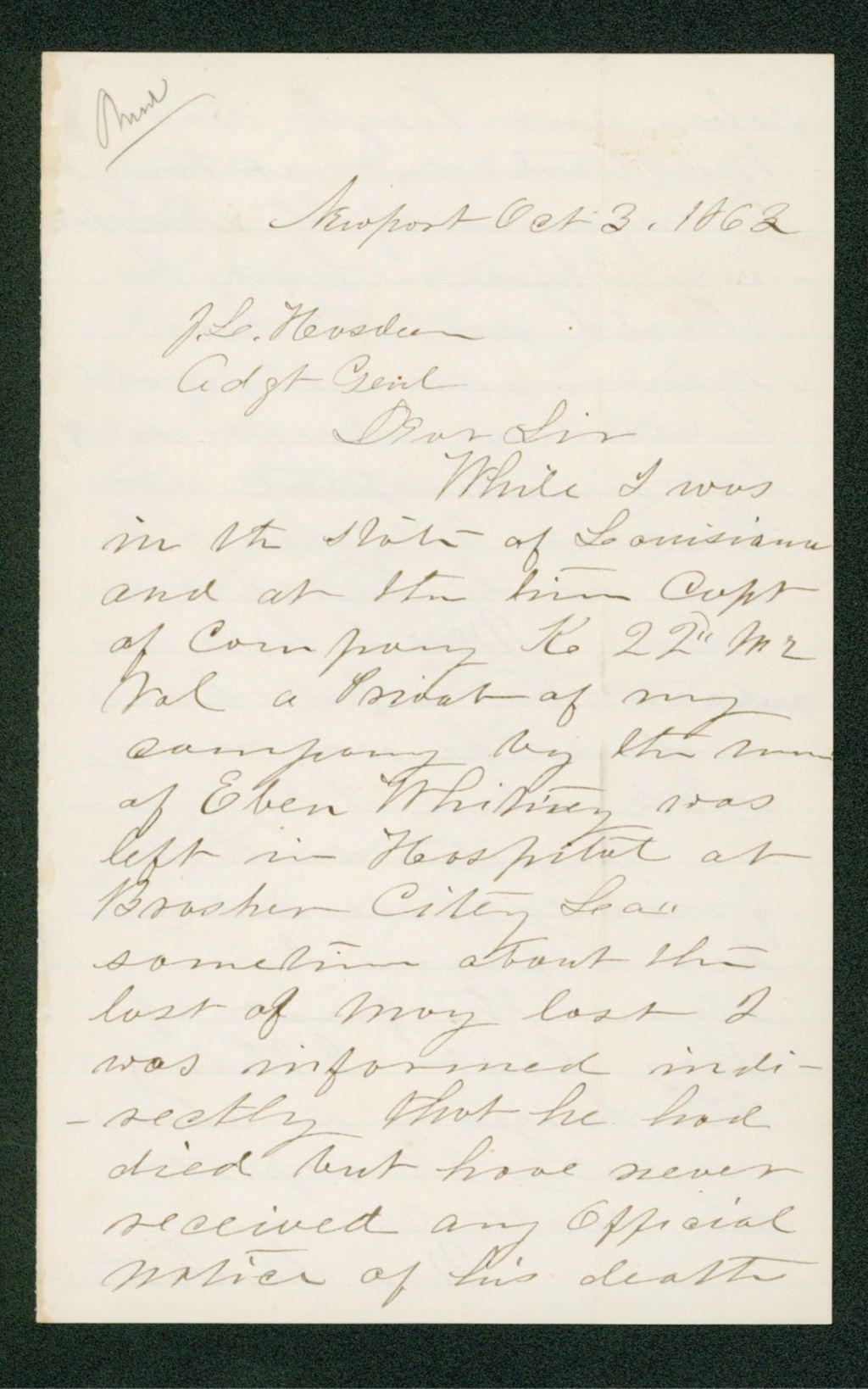 Miniature of Captain T.W. Whitehouse inquires if Eben Whitney is dead