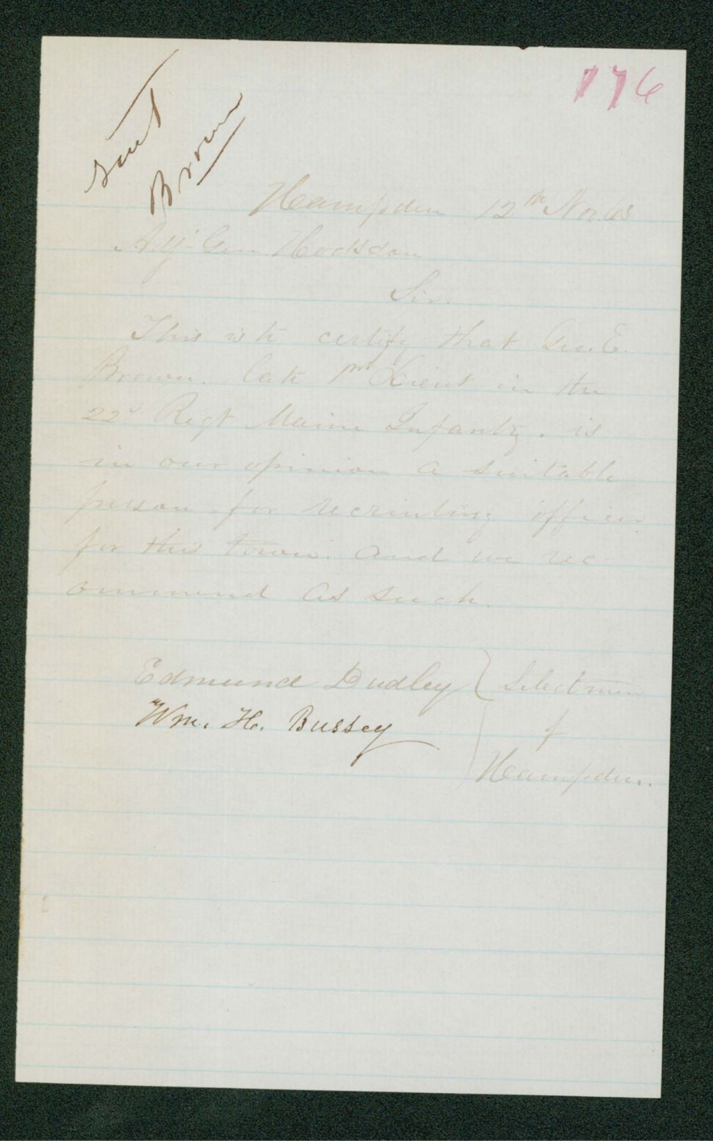 Miniature of Edmund Dudley and William H. Bussey recommend George E. Brown for recruiting officer