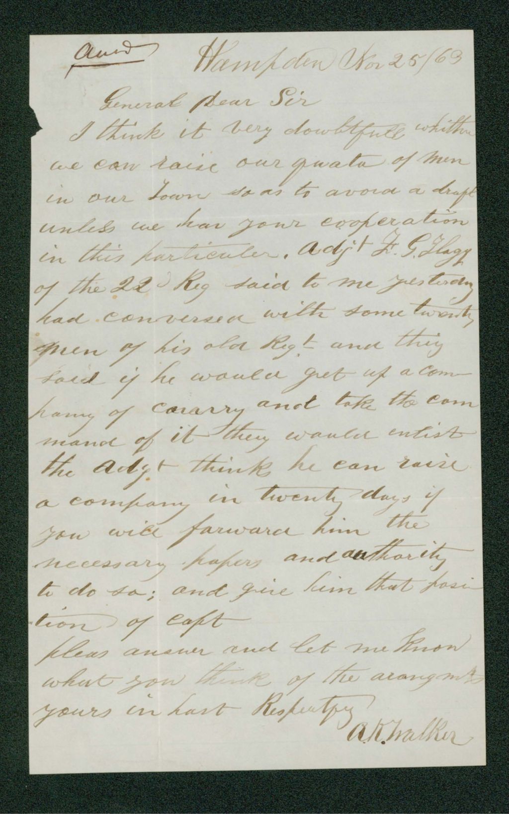 Miniature of A.K. Walker recommends Adjutant F. G. Flagg for recruitment