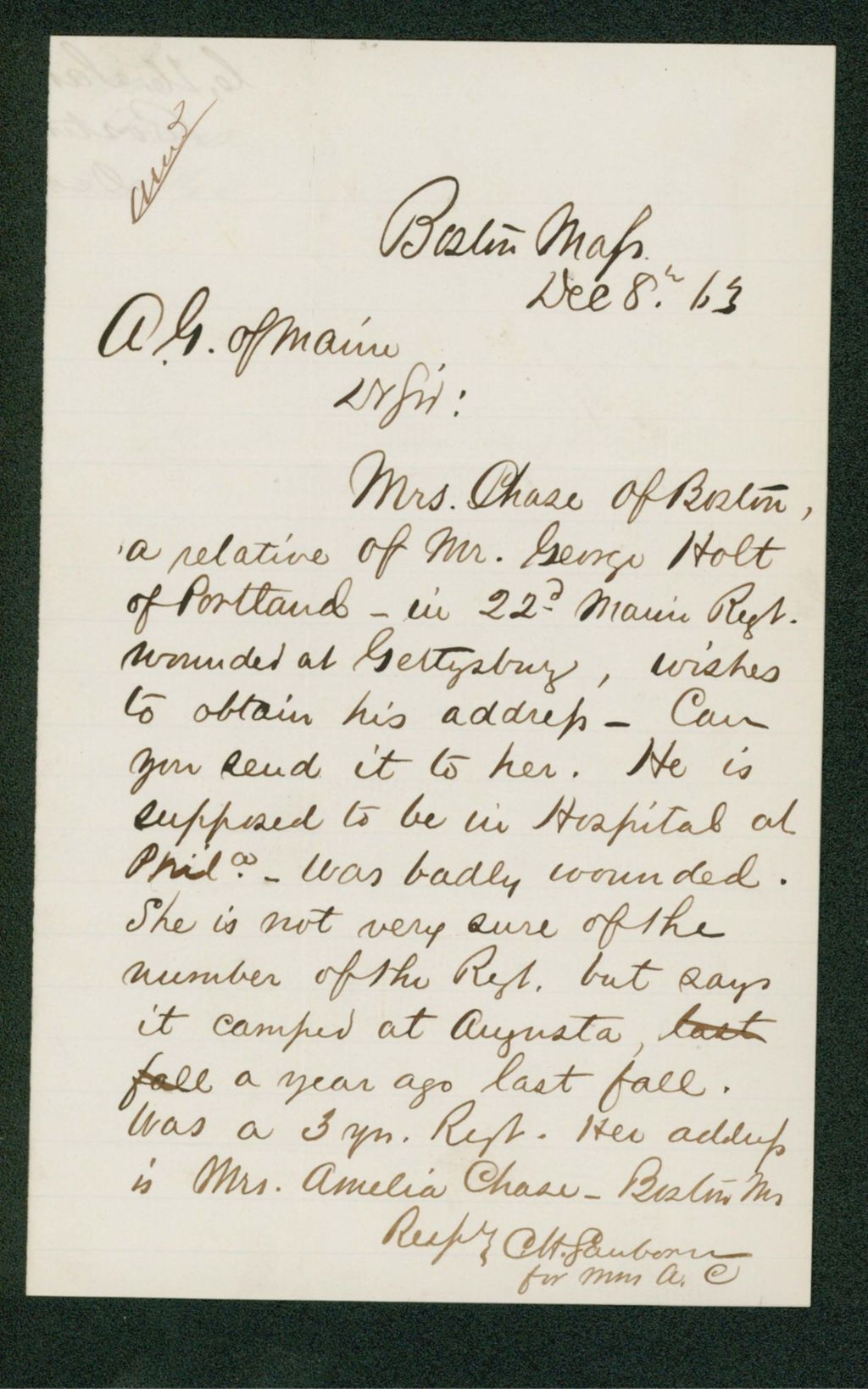 Miniature of C.H. Sanborn inquires about George Holt who was wounded at Gettysburg