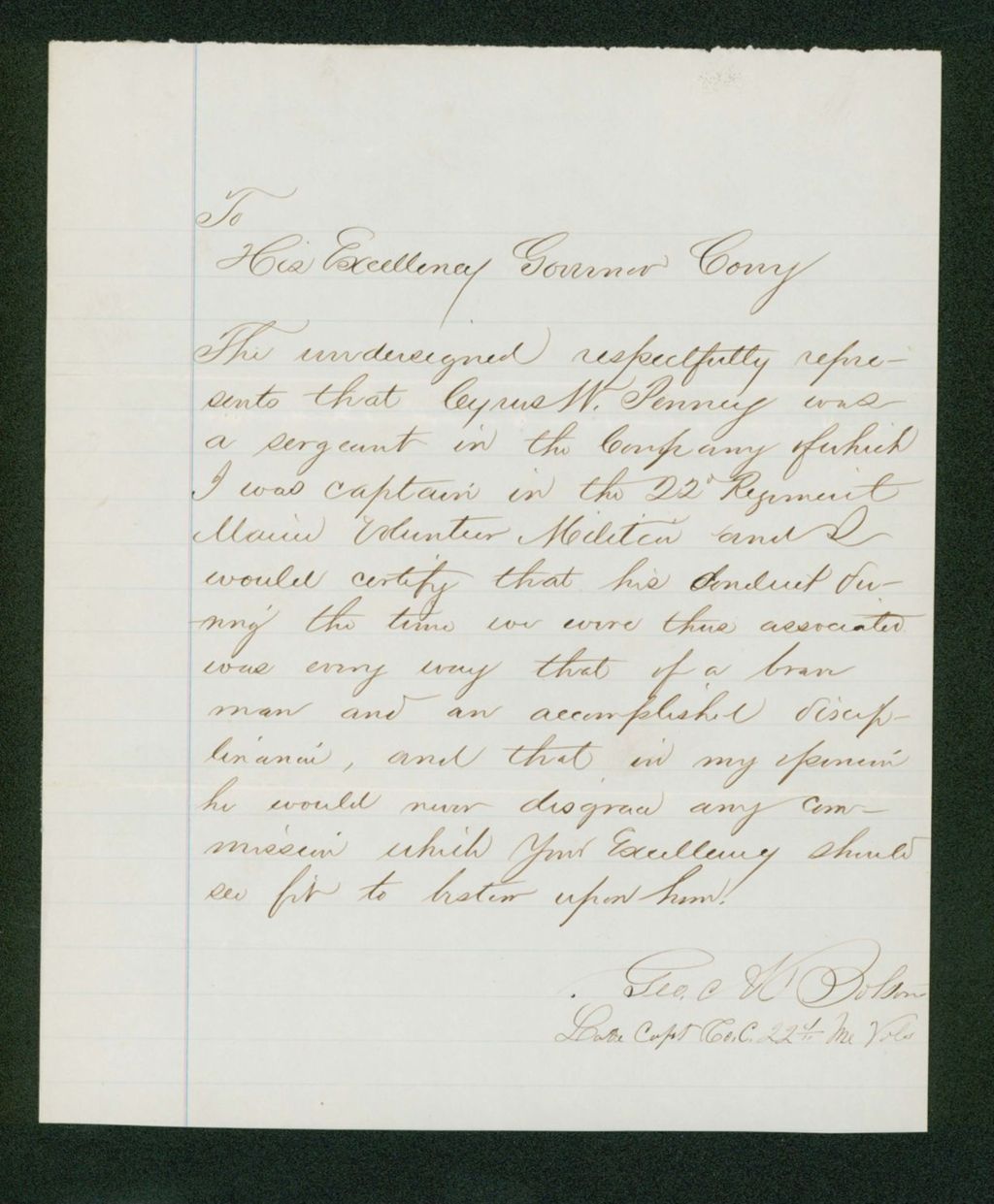 Miniature of Captain George Bolton recommends Cyrus Penney for commission