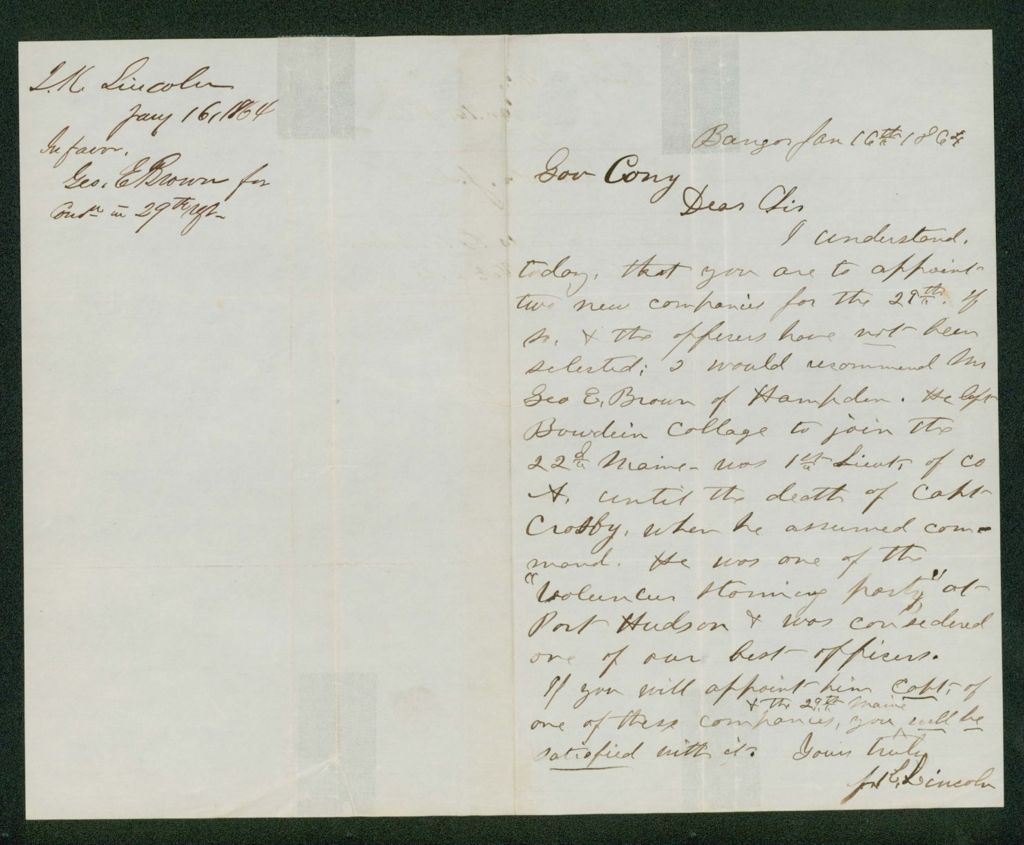 Miniature of J.K. Lincoln writes in favor of George E. Brown