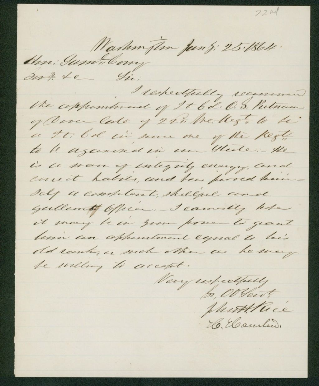 Miniature of John H. Rice, Hannibal Hamlin, and others recommend appointment of Lieutenant Colonel O.S. Putnam