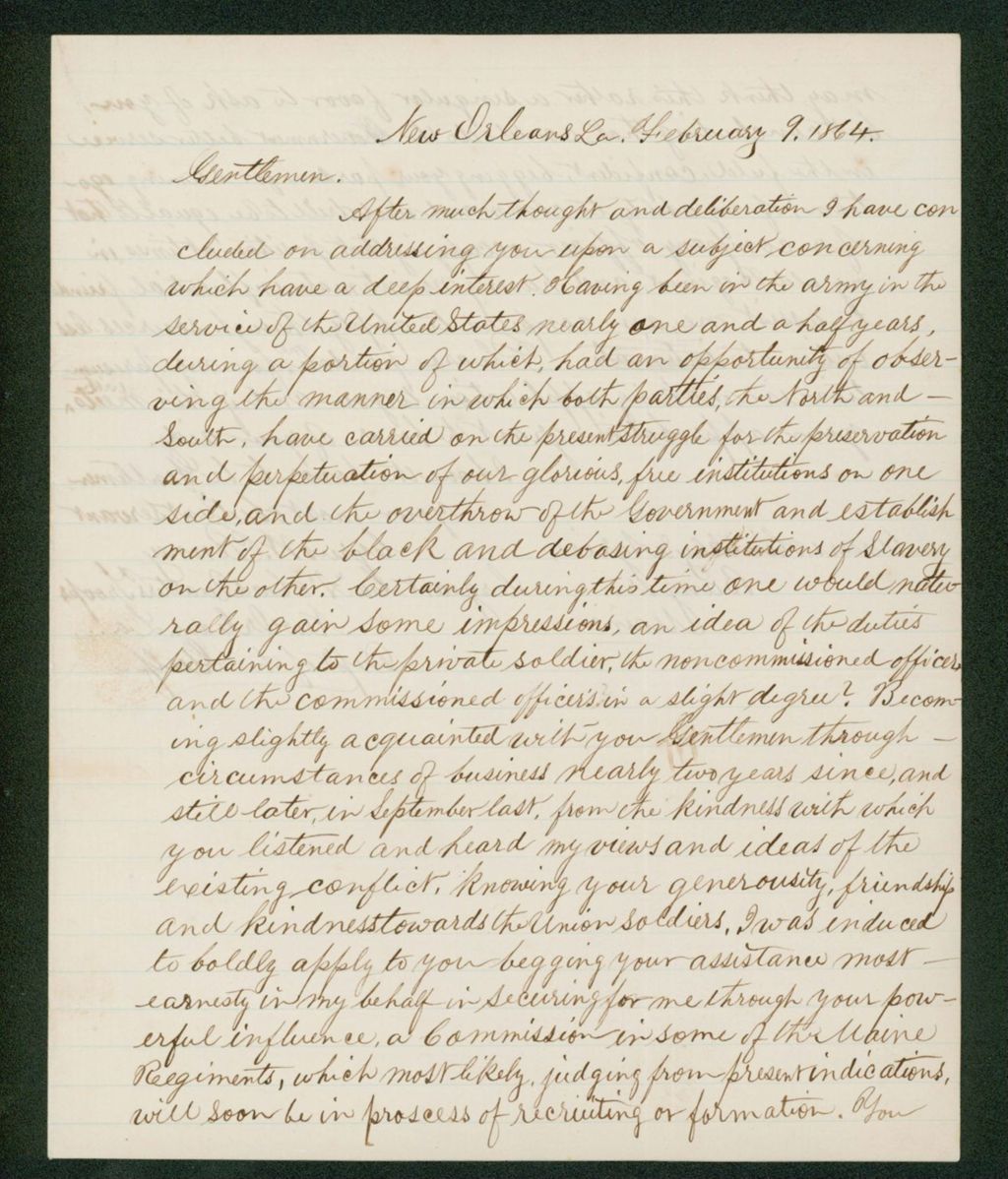 Miniature of Sergeant Cyrus W. Penny, Company A, requests aid in securing a commission in another regiment