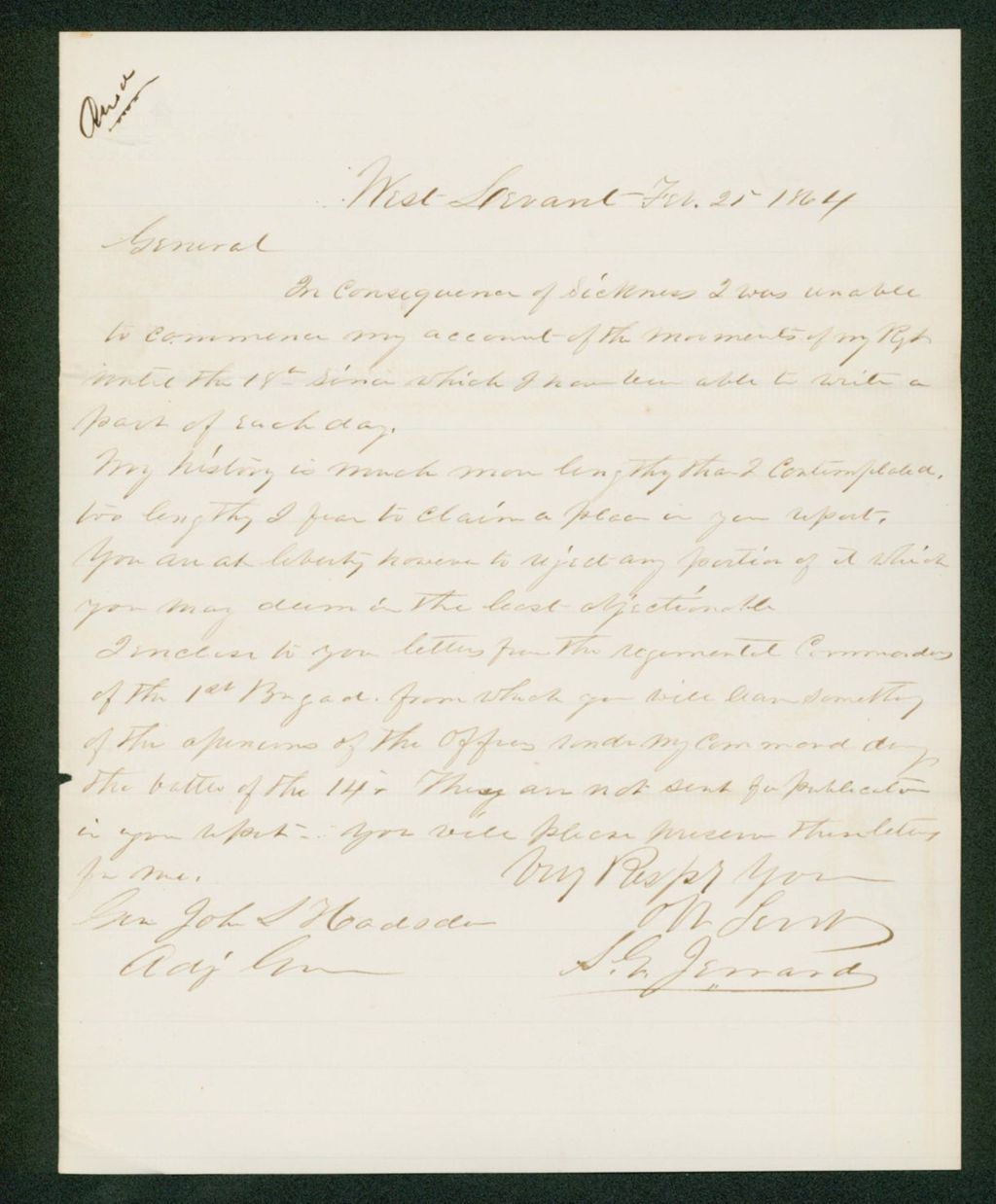 Miniature of Colonel Simon G. Jerrard forwards his history of the 22nd Maine Regiment to Adjutant General Hodsdon