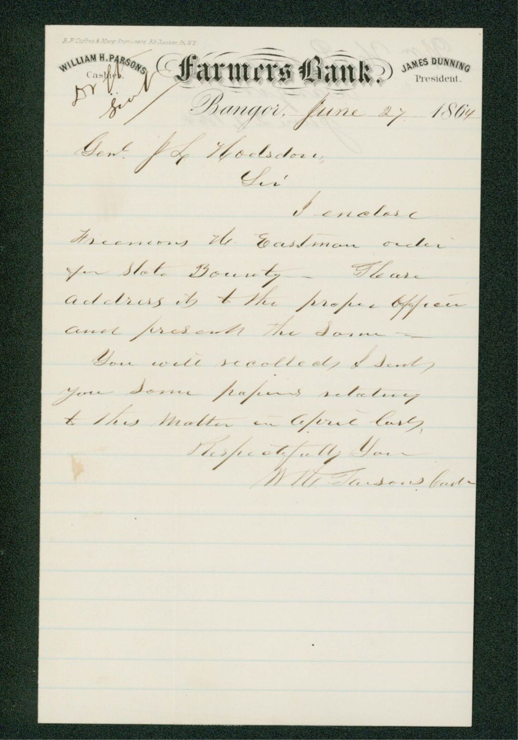 Miniature of William Parsons requests state bounty for Freeman H. Eastman