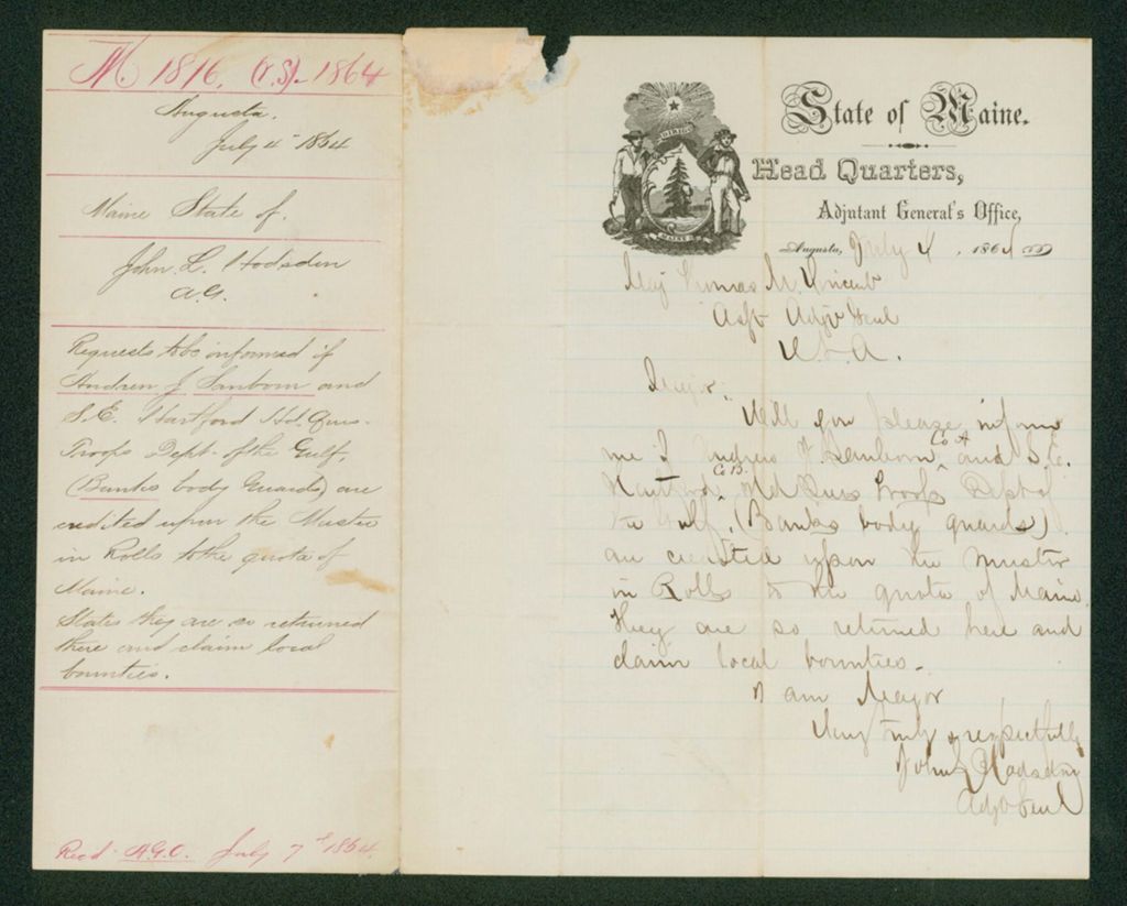 Miniature of Adjutant General Hodsdon inquires about Andrew Sanborn's enlistment