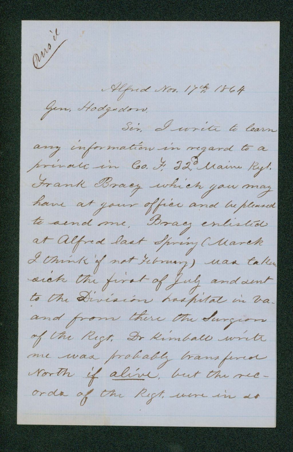 Miniature of Samuel M. Carne inquires if Frank Bracy of Company F is still alive