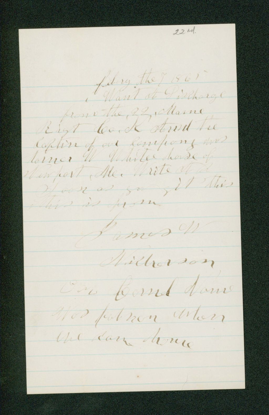 Miniature of James W. Nickerson writes regarding his discharge