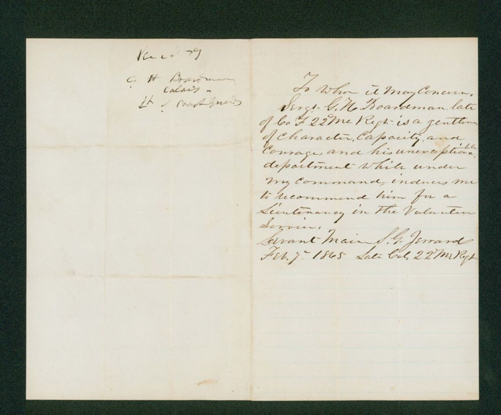 Miniature of Colonel Jerrard recommends Sergeant G. Boardman for lieutenancy in the volunteer service