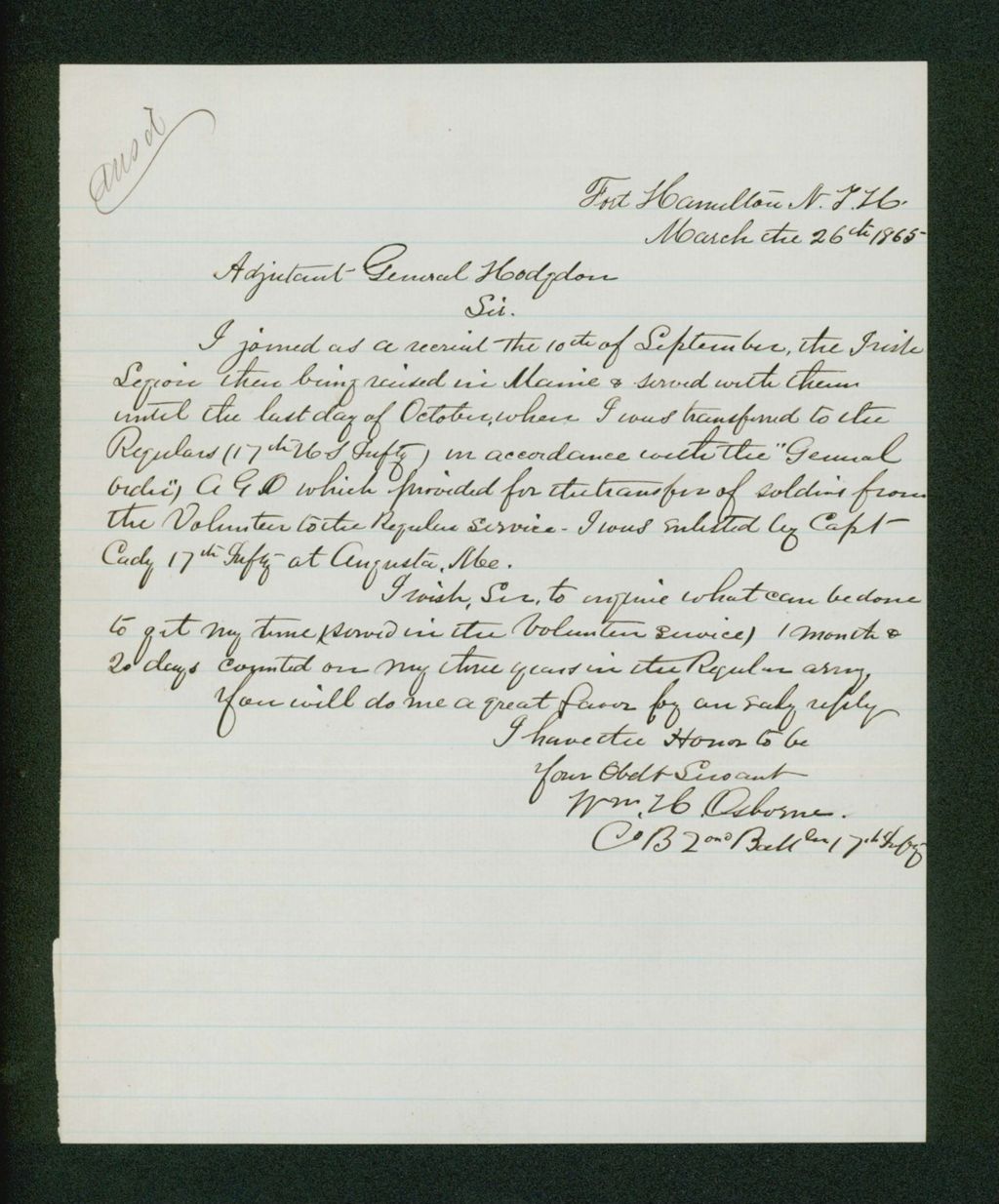 Miniature of William Osborne requests to have his time service in the volunteer service count toward his time with the regular Army