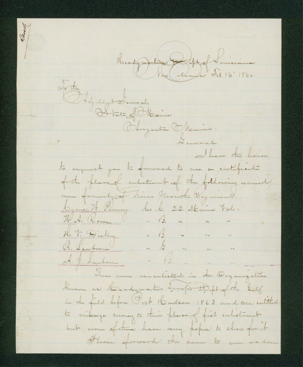 Miniature of C. Warren forwards re-enlistments of Cyrus Penny, W.A. Rowe, H. Dickey, R. Seaborn, and A.J. Sanborn