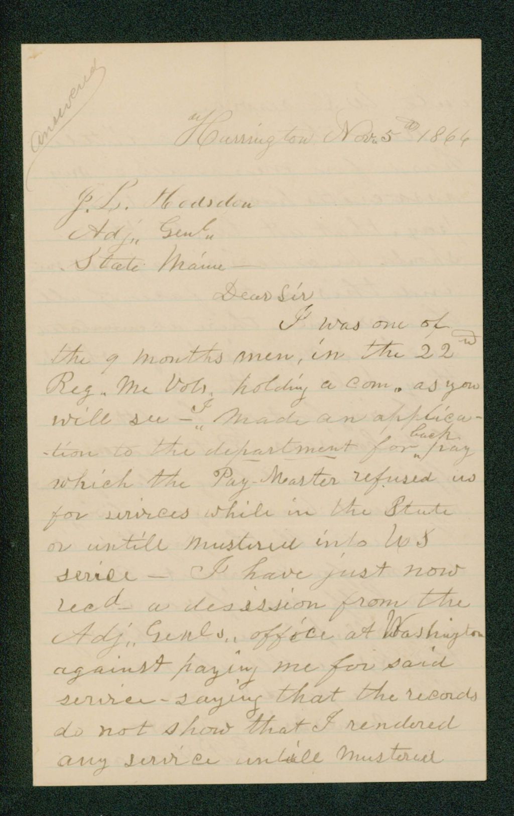 Miniature of E.P. Dornan requests payment for his service