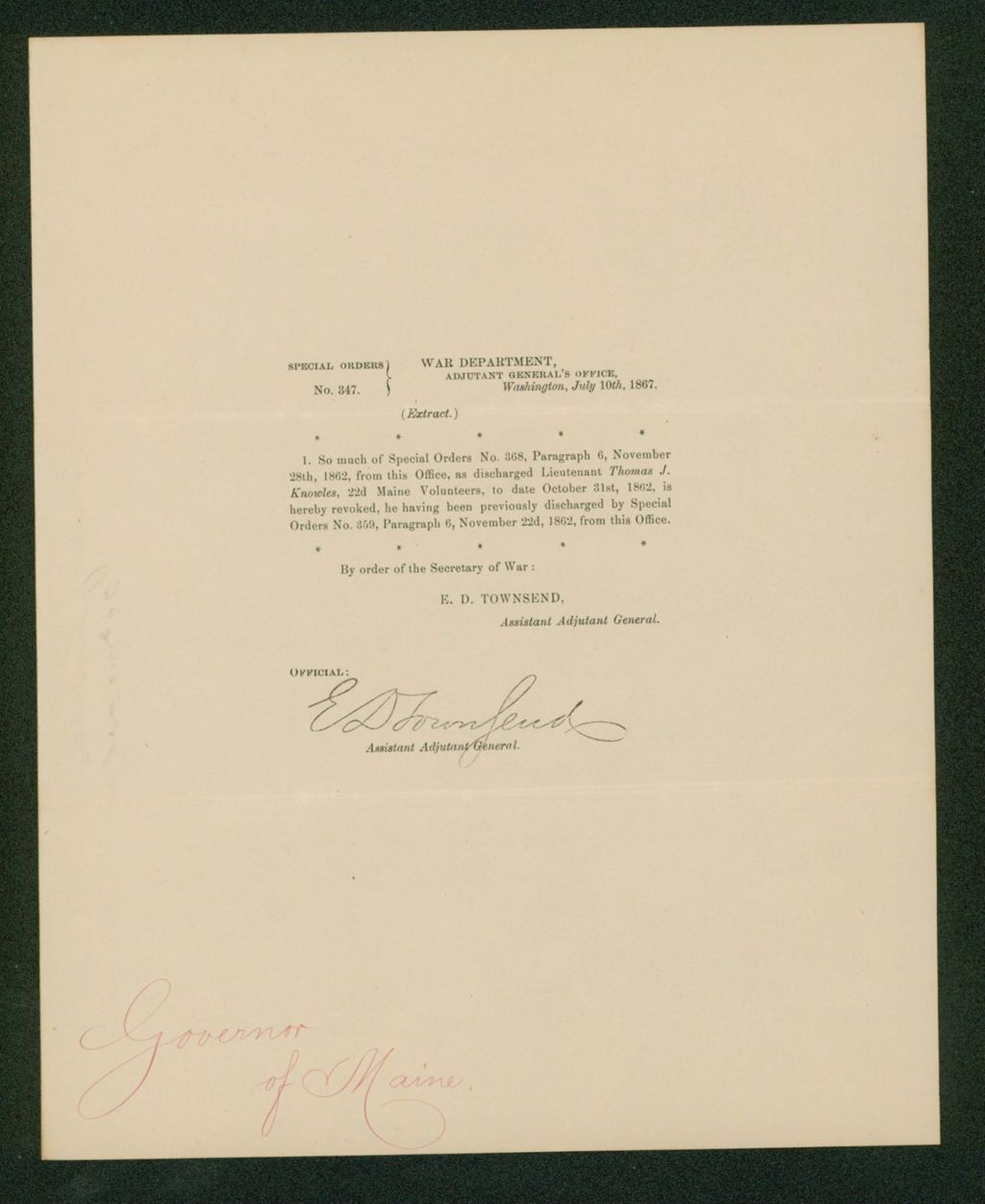 Miniature of Special Order 347 regarding discharge of Lieutenant Thomas J. Knowles