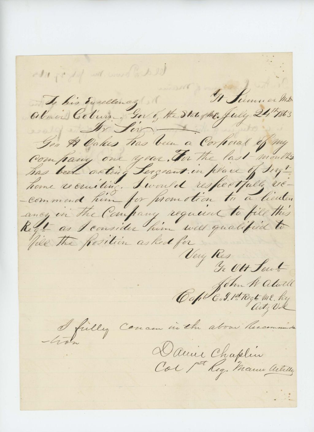 Miniature of Captain John Atwell and Colonel Chaplin recommend George Oakes for promotion