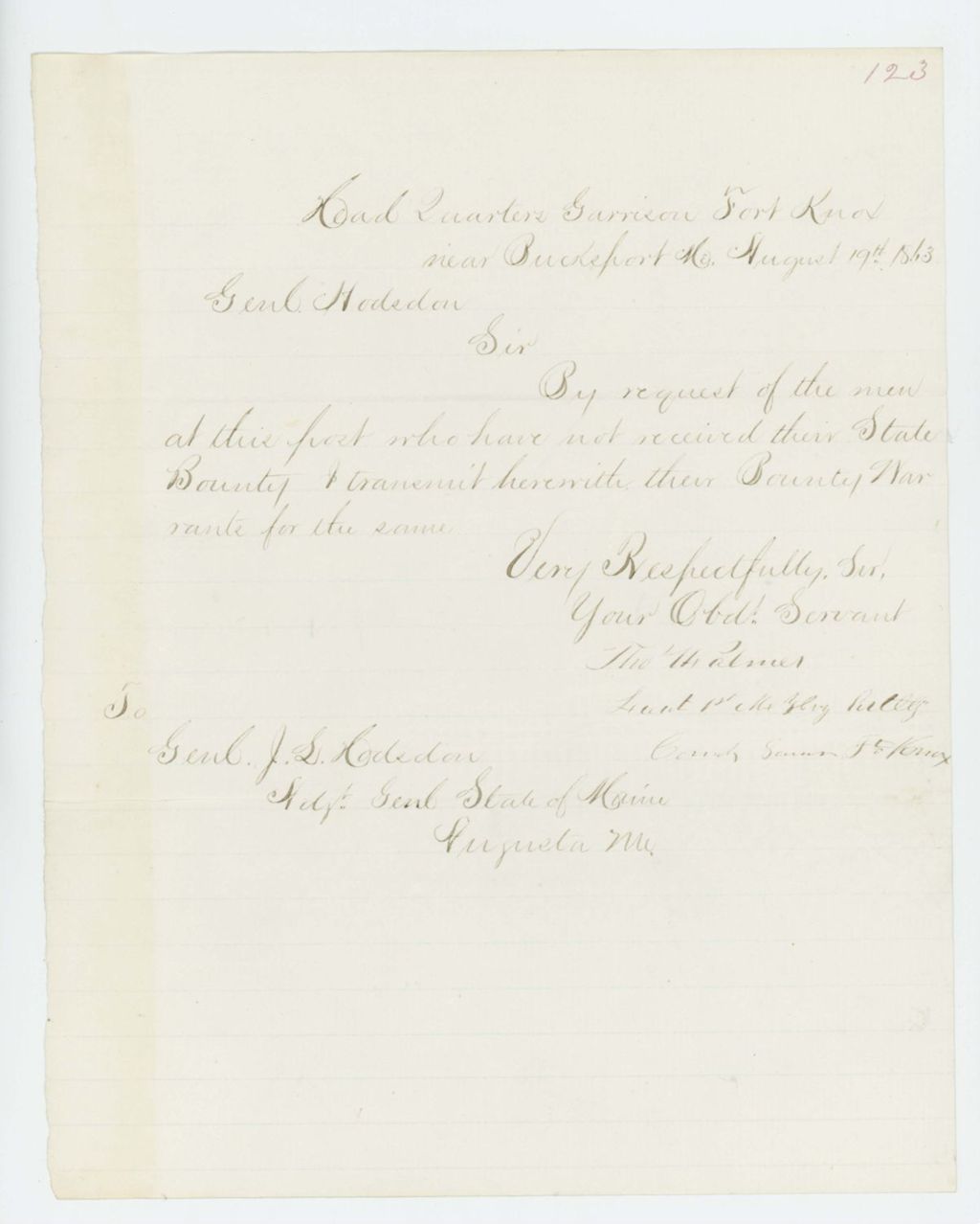 Miniature of Lieutenant Thomas Palmer sends bounty request