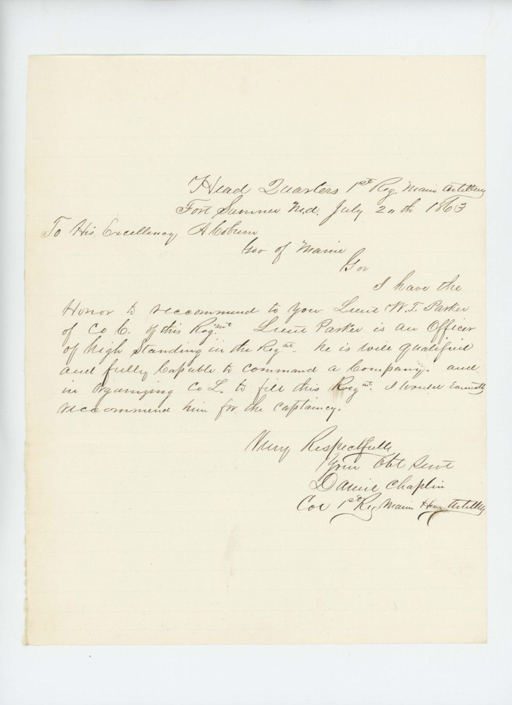 Miniature of Colonel Daniel Chaplin recommends Lieutenant William Parker for promotion
