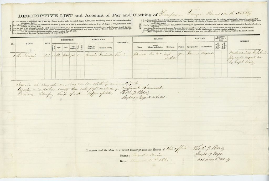 Miniature of Descriptive List and Account of Pay and Clothing of Benjamin Frazier