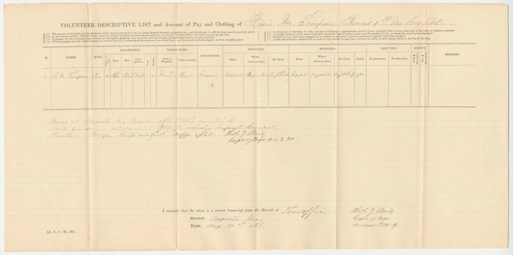 Miniature of Descriptive List and Account of Pay and Clothing of Lewis M. Thompson