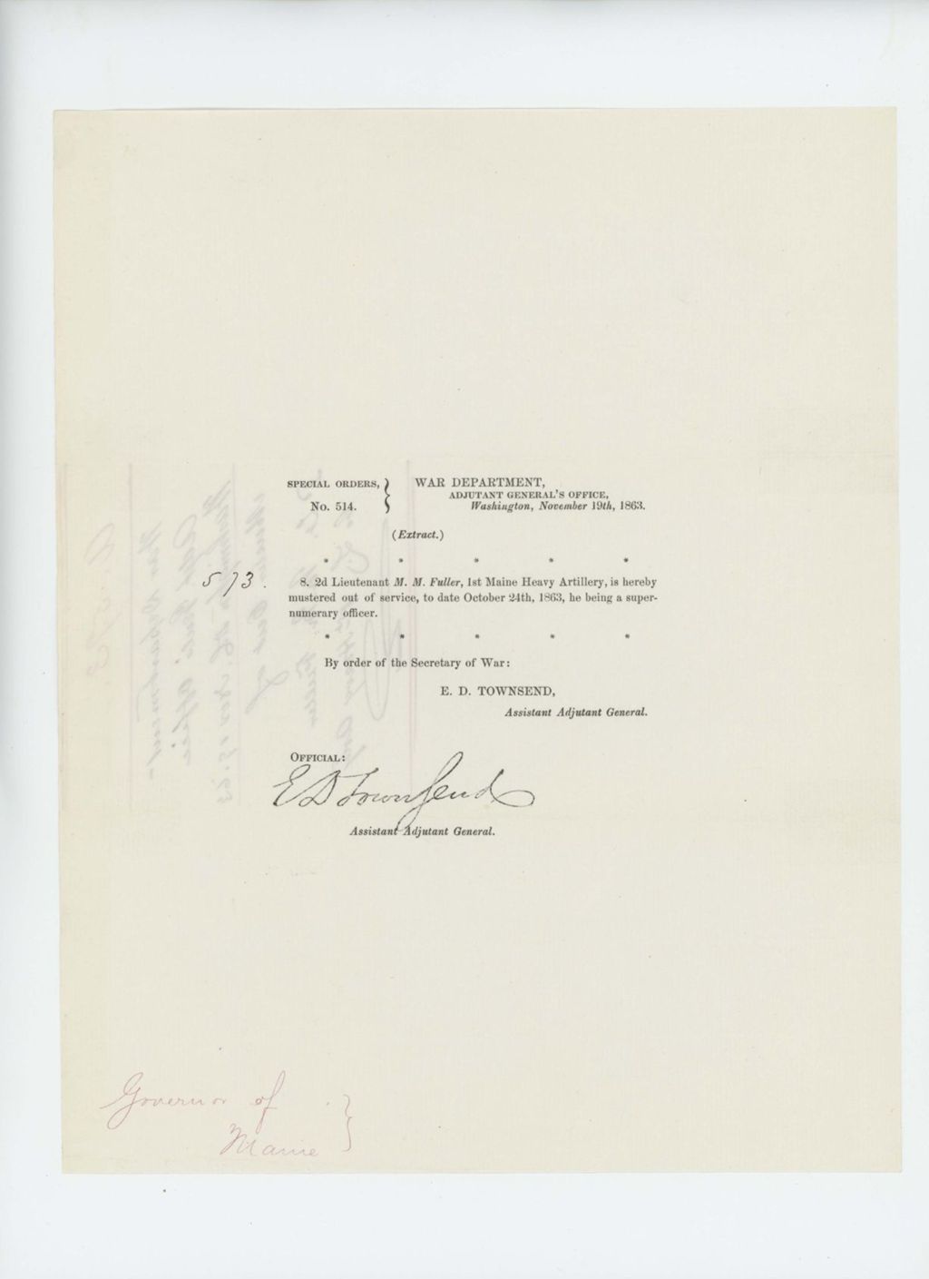 Miniature of Special Order 514 mustering 2nd Lieutenant M.M. Fuller out of service