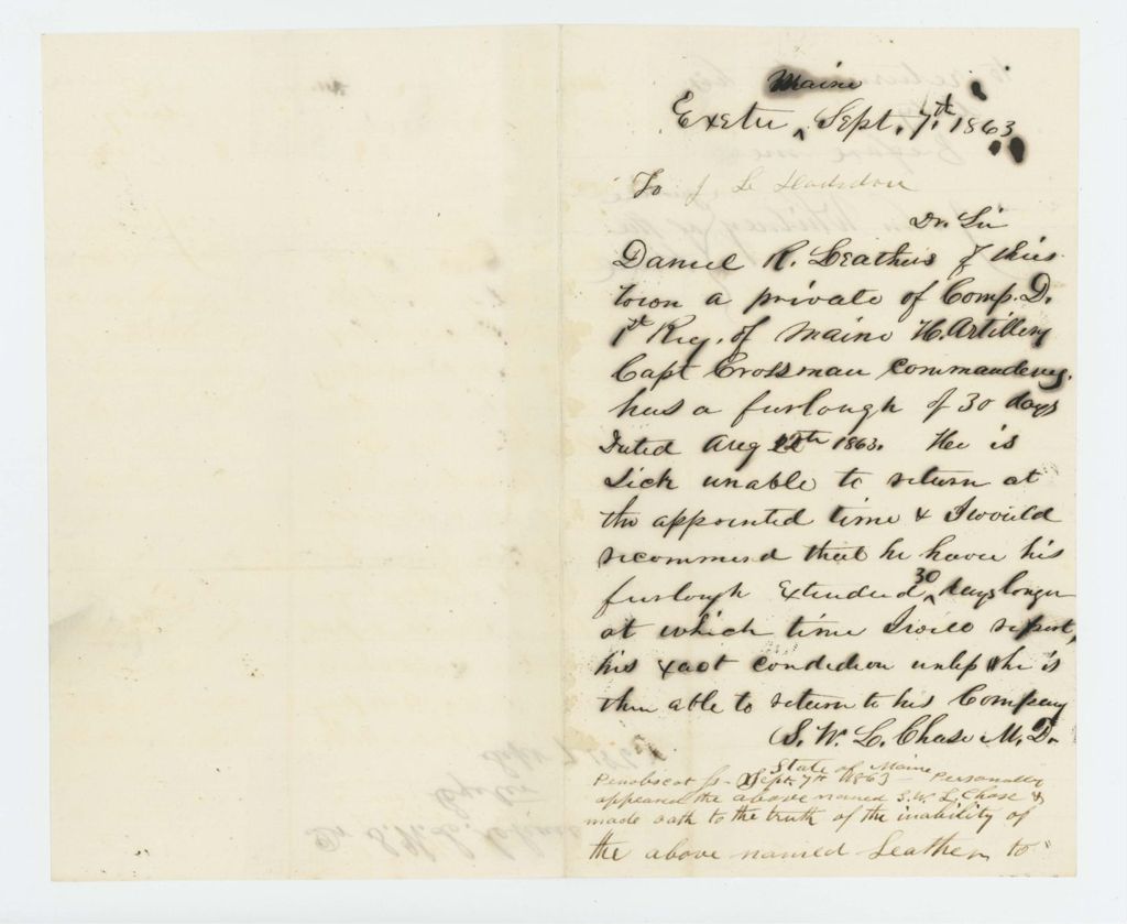 Miniature of Dr. S.W. Chase states that Daniel R. Leathers is too ill to return from furlough