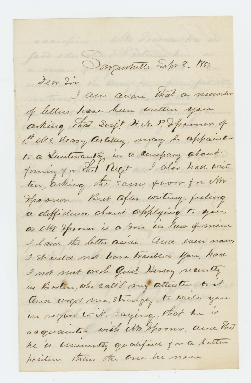 Miniature of W.G. Sargent recommends Sergeant Spooner for promotion