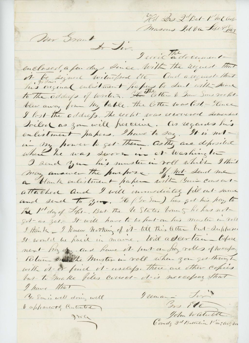 Miniature of John W. Atwell sends Mr. Grant's son's muster-in roll and assures him his son is doing well