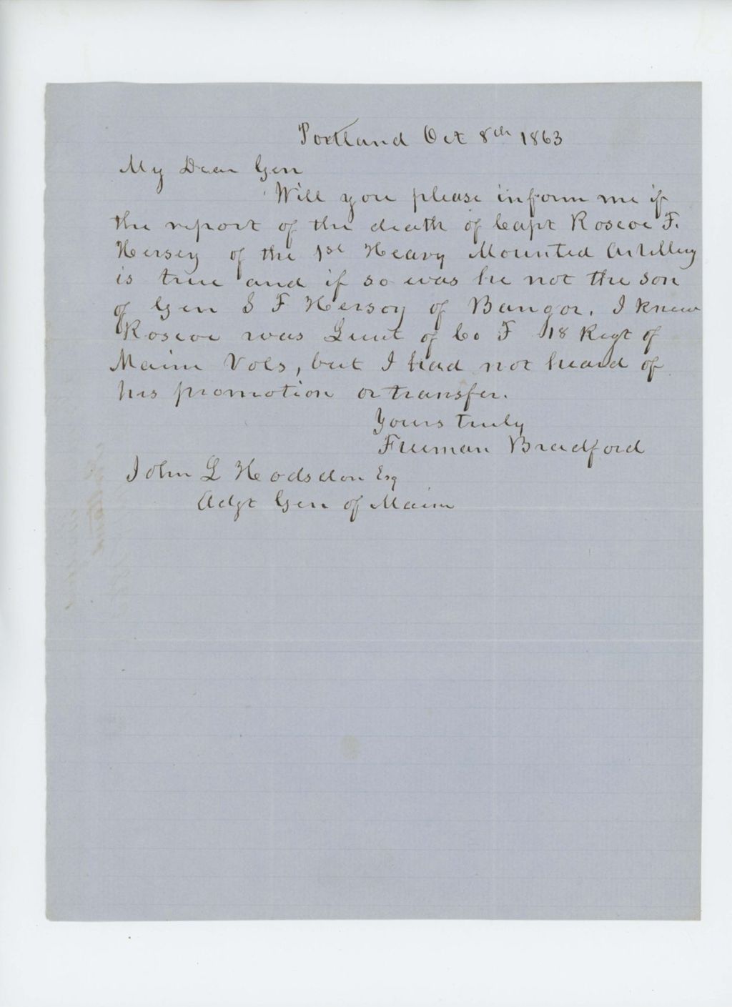Miniature of Freeman Bradford requests information on the death of Captain Roscoe F. Hersey