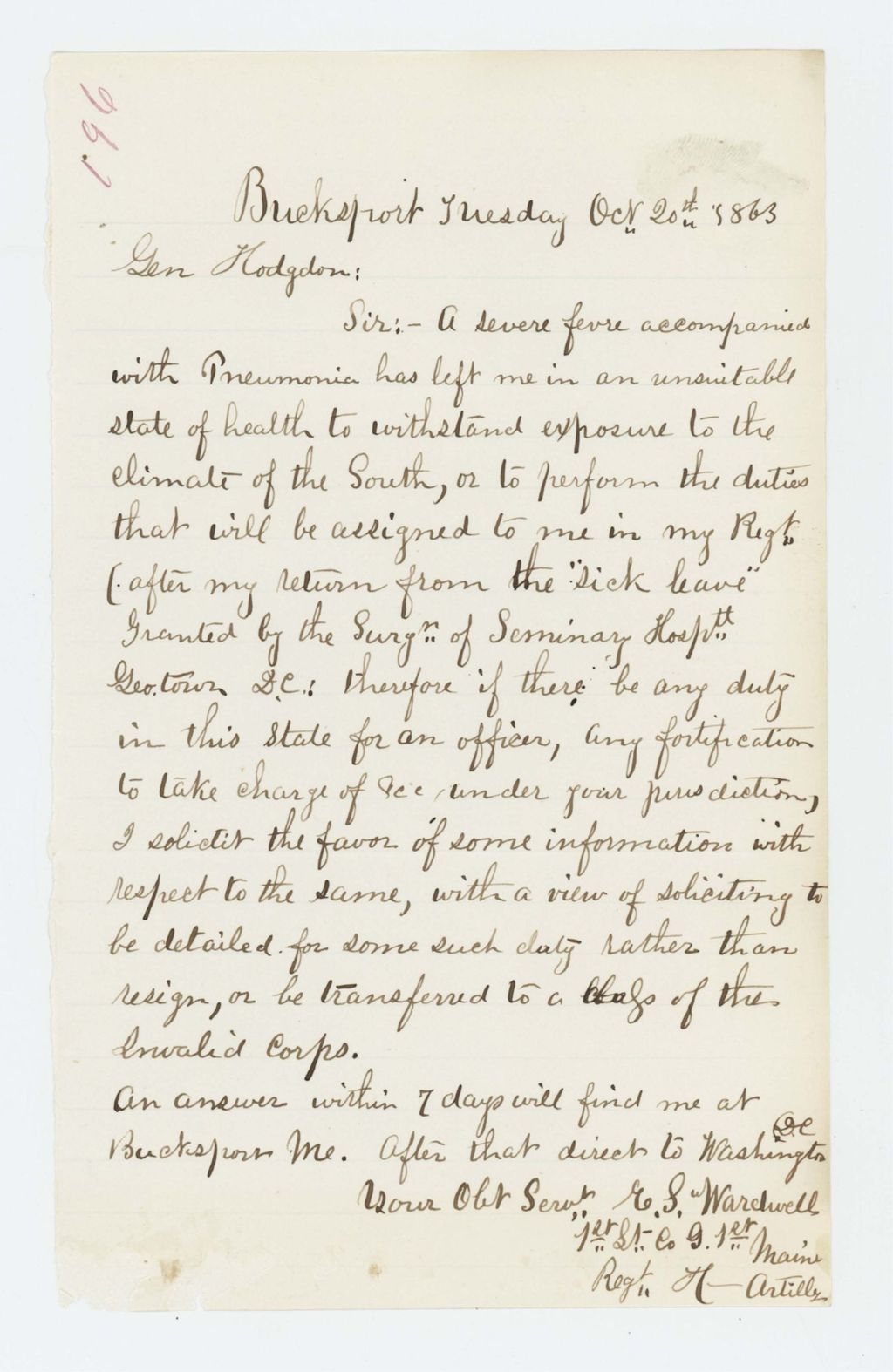 Miniature of Lieutenant E.S. Wardwell requests transfer to other duties or Invalid Corps due to illness