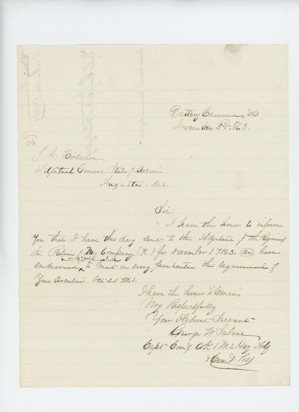Miniature of Captain George Sabine sends the returns for Company K