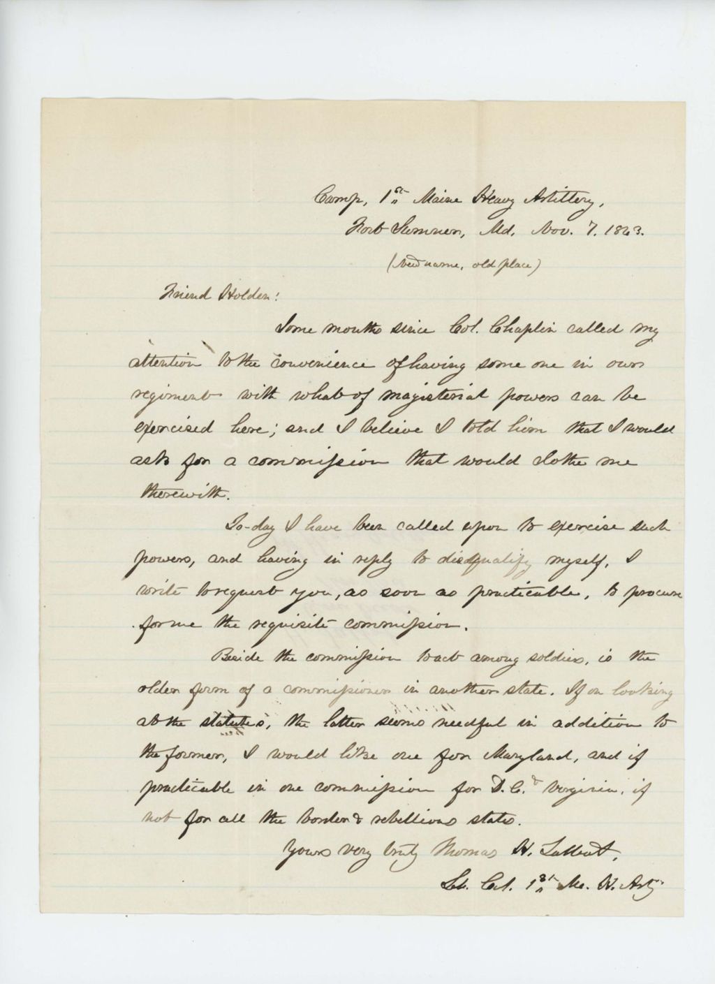 Miniature of Lieutenant Colonel Thomas H. Talbot requests commissions from Maine, Maryland, Virginia, Washington DC, and "all the border and rebellious states"