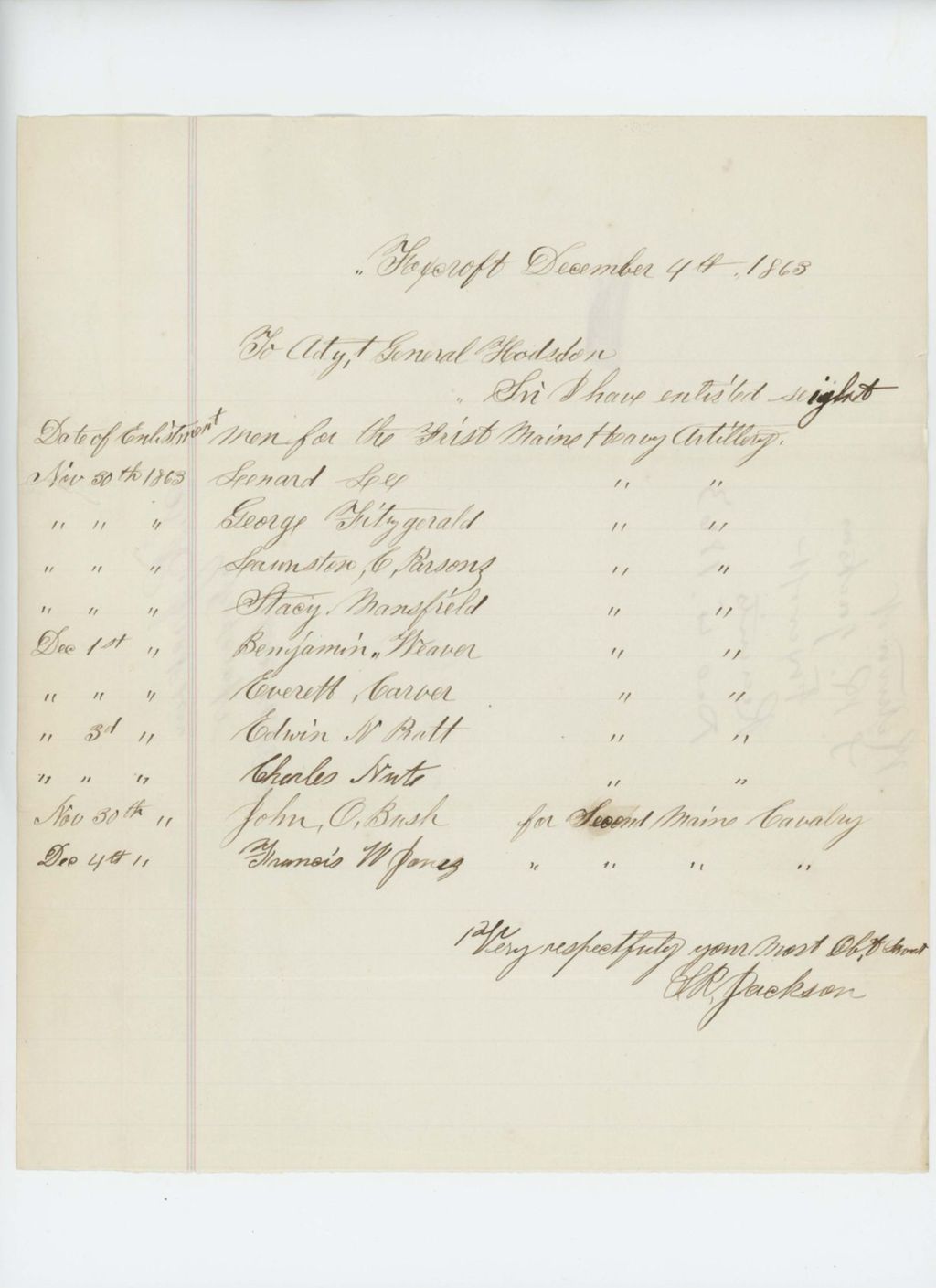 Miniature of S.R. Jackson sends a list of eight recruits from Foxcroft